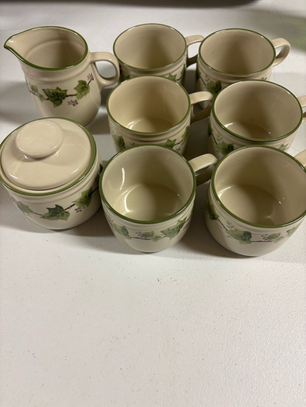 Cream Ceramic Mug Set with Green Ivy Accent